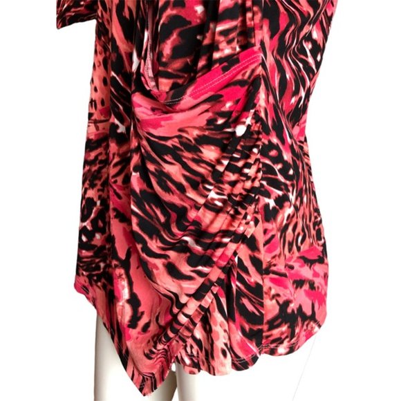 Jennifer Lopez Plus 1X Wrap Animal Print Coral Fuchsia Ruched Surplice Blouse - Picture 3 of 16